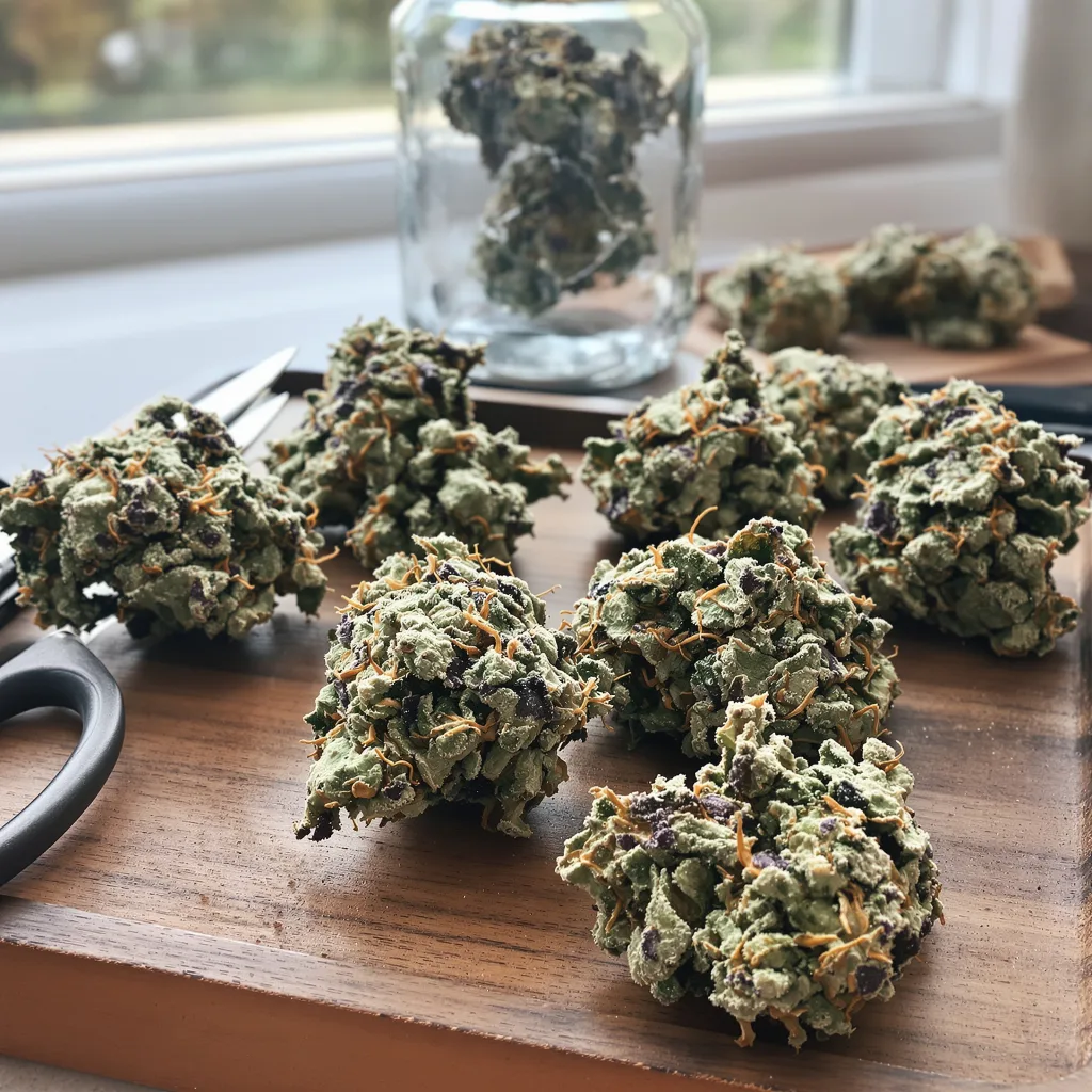 Sunset Sherbet 57% indica / 43% sativa — flor con tricomas visibles