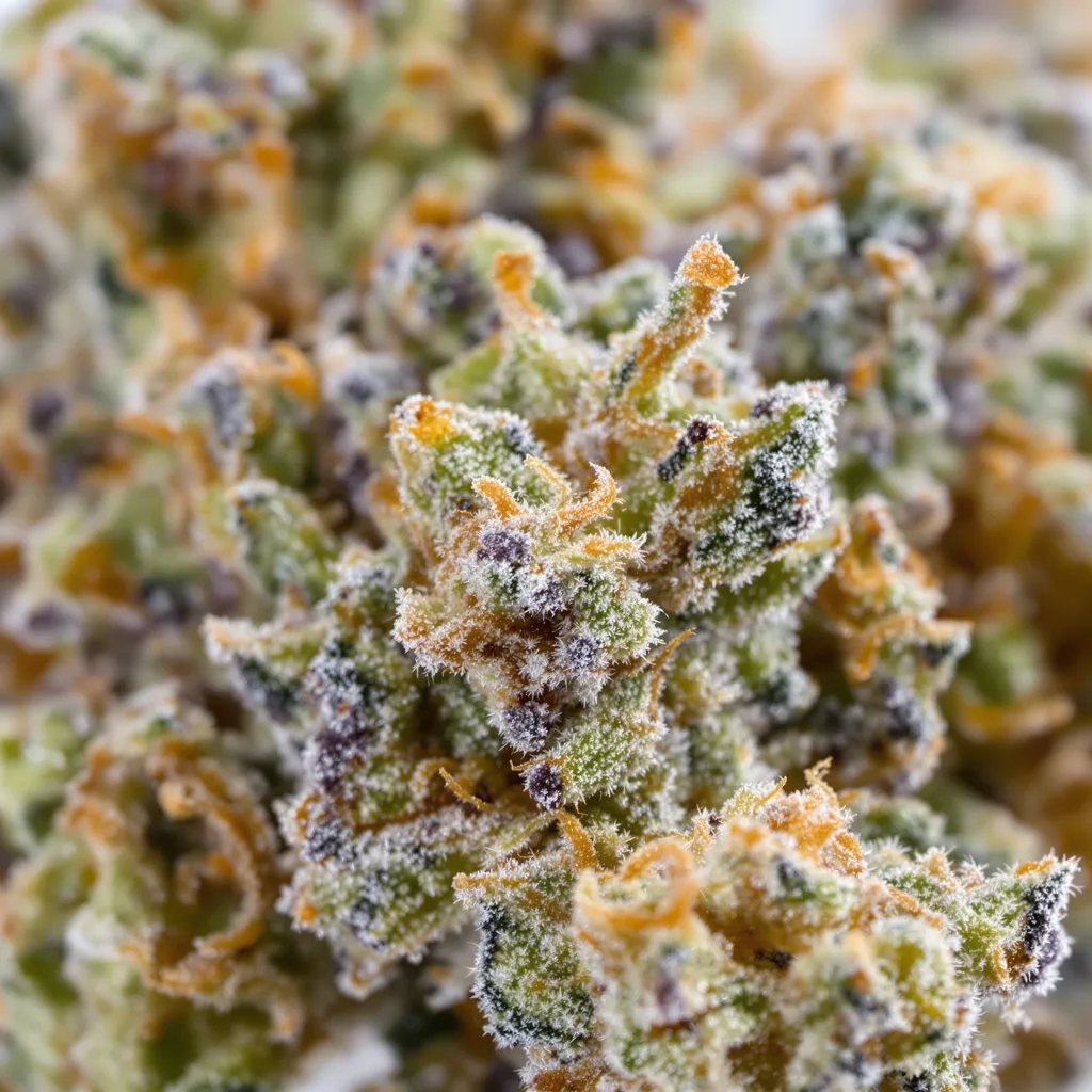 Primer plano de cogollo de cannabis Sunset Sherbet mostrando estructura equilibrada con tricomas escarchados