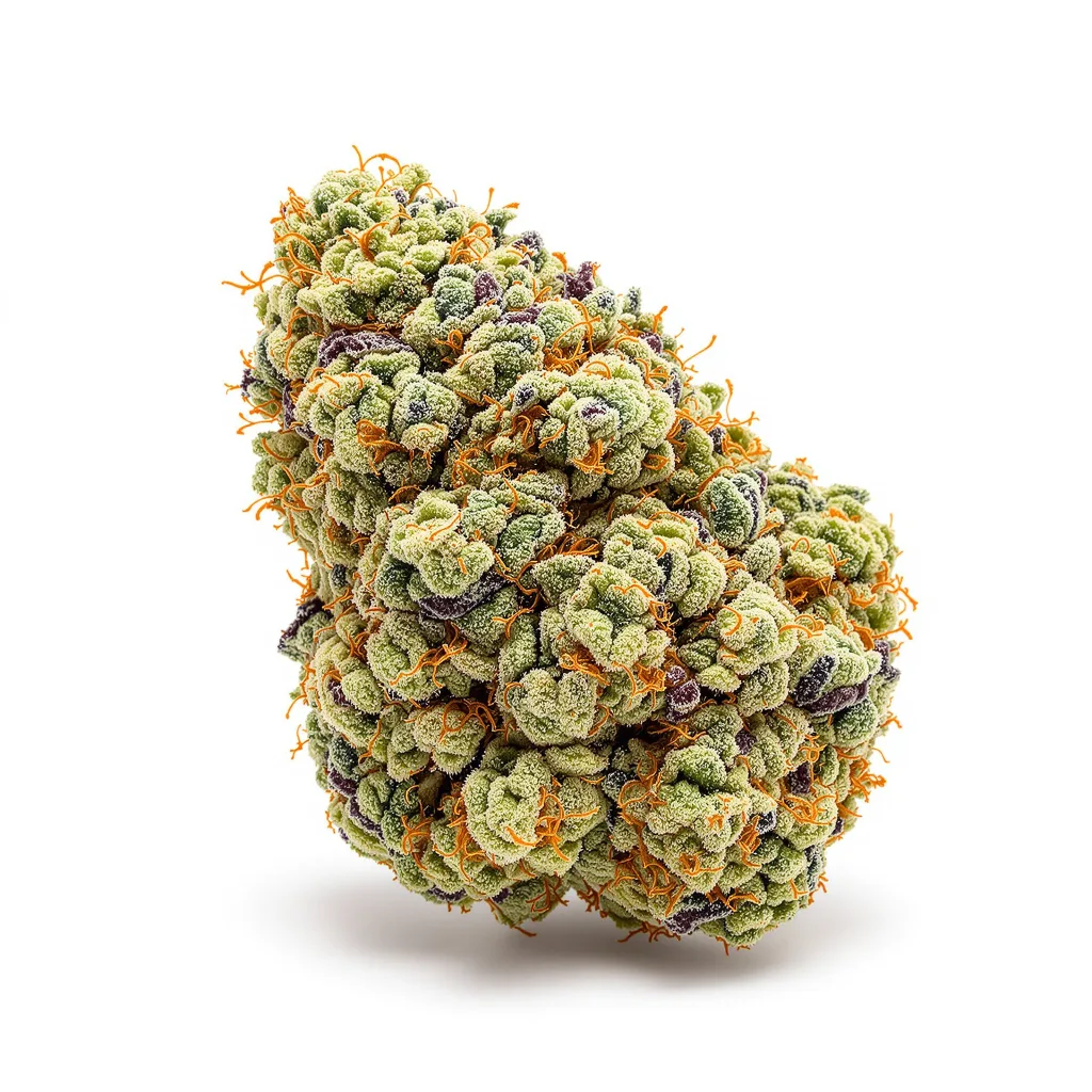 Sunset Sherbet 57% indica / 43% sativa — flor con tricomas visibles
