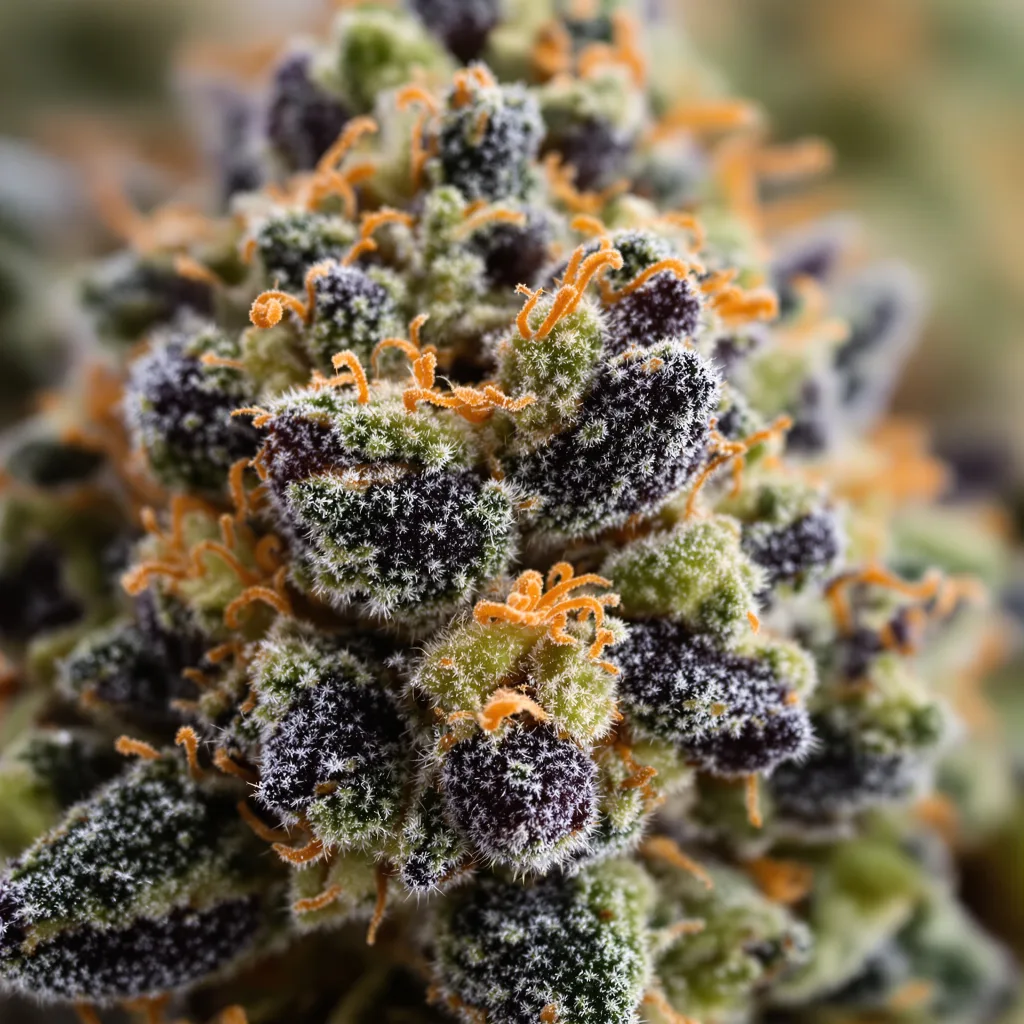Primer plano de cogollo de cannabis Super Bud mostrando cálices densos con tonos morados