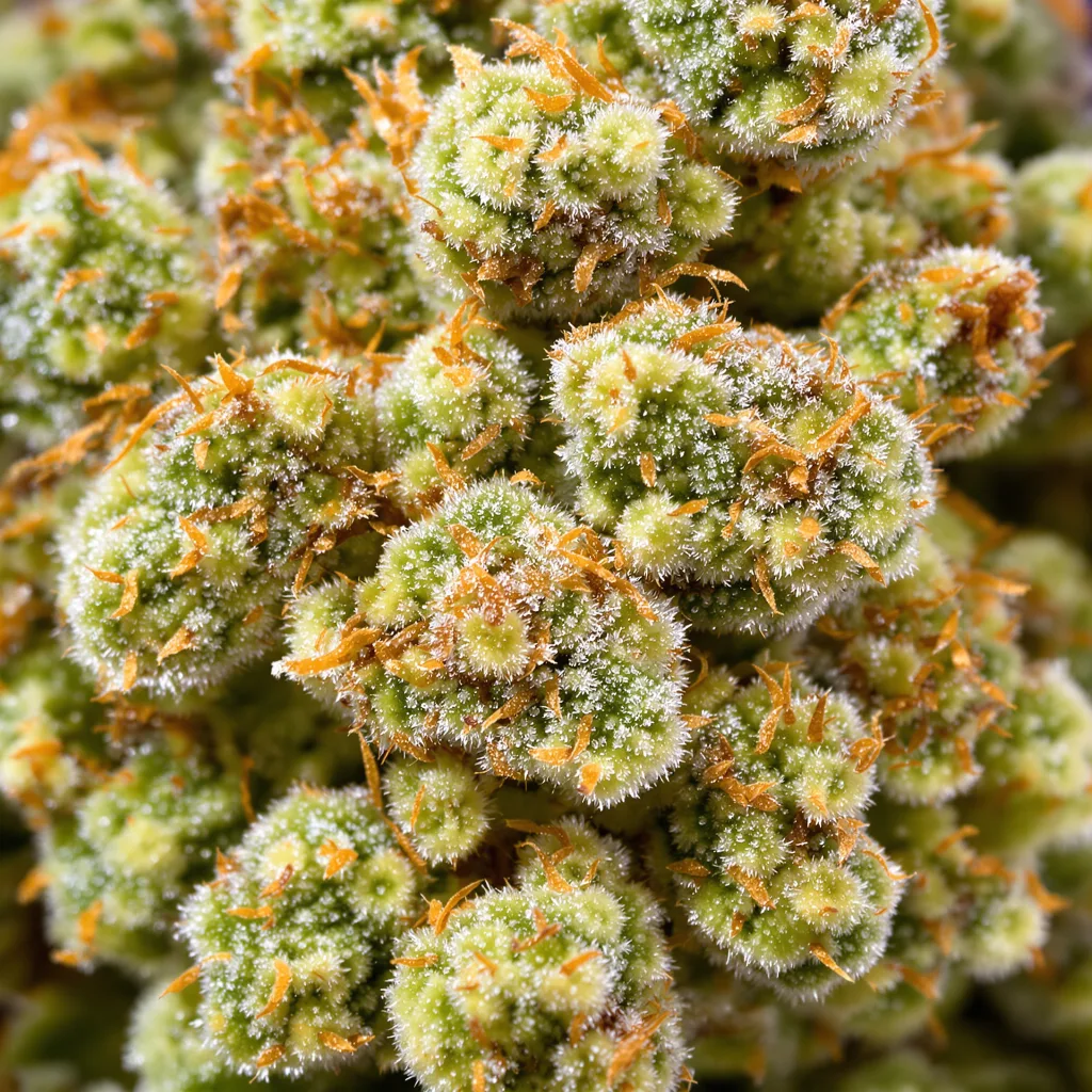 Primer plano de cogollo de cannabis Super Green Crack mostrando estructura aireada verde lima