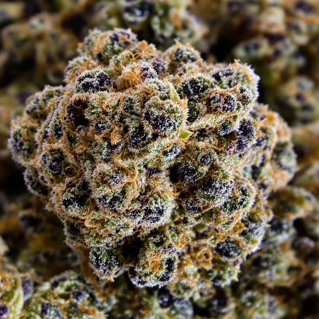 Primer plano de cogollo de cannabis Super Kush mostrando cálices densos con tonos morados