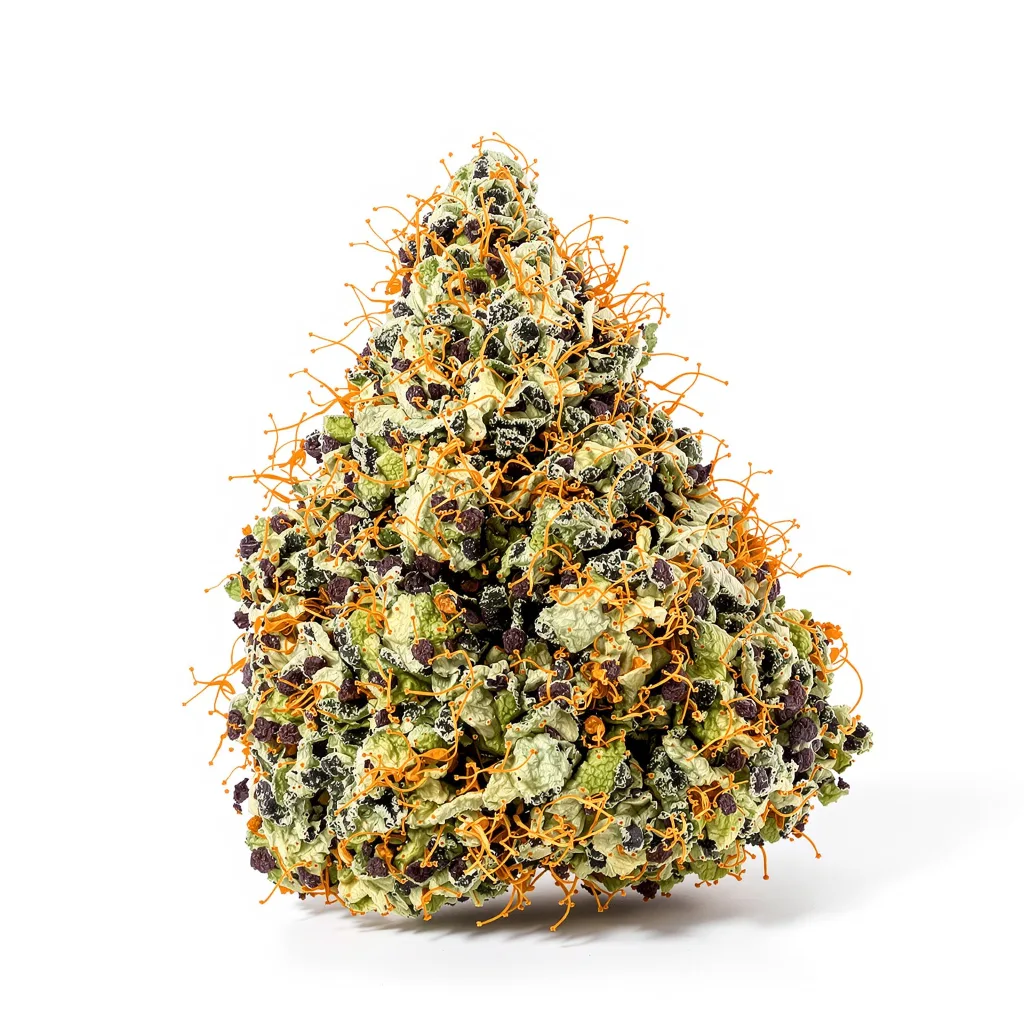 Super Kush 71% indica / 29% sativa — flor con tricomas visibles