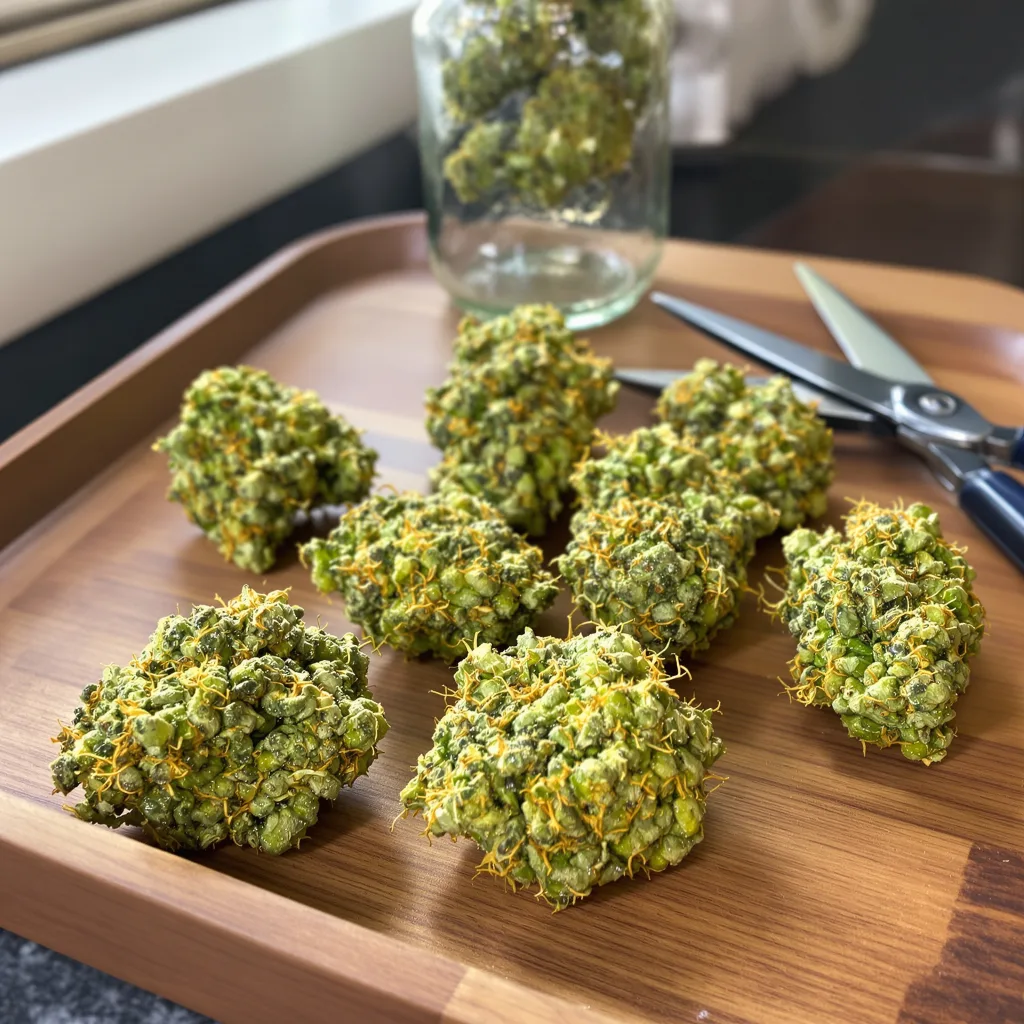 Super Lemon Haze 14% indica / 86% sativa — flor con tricomas visibles