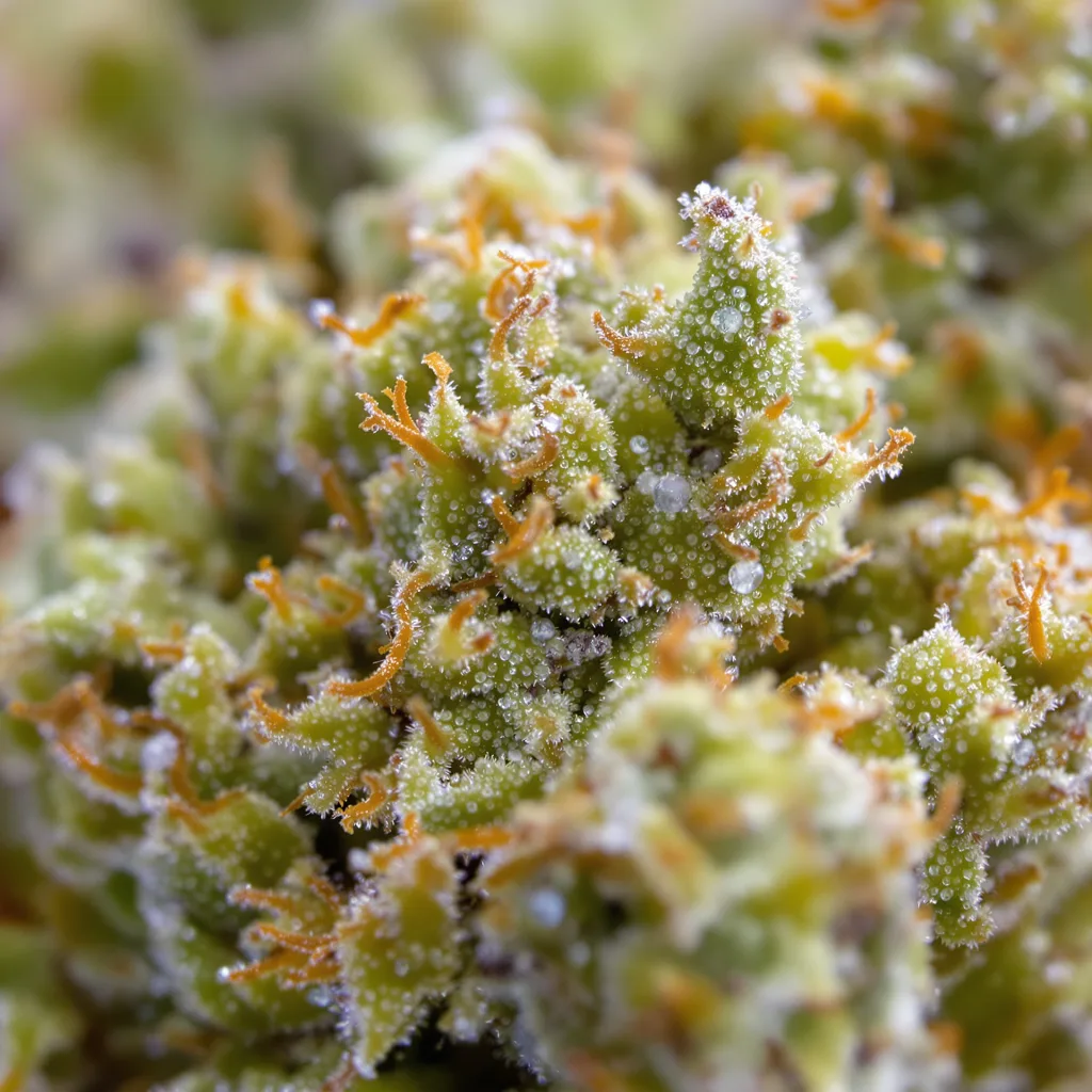 Primer plano de cogollo de cannabis Super Lemon Haze mostrando estructura aireada verde lima