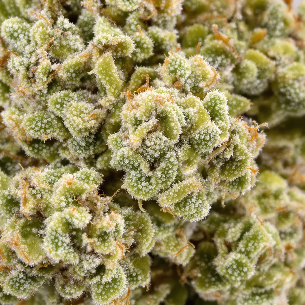 Primer plano de cogollo de cannabis Super Silver Haze mostrando estructura aireada verde lima