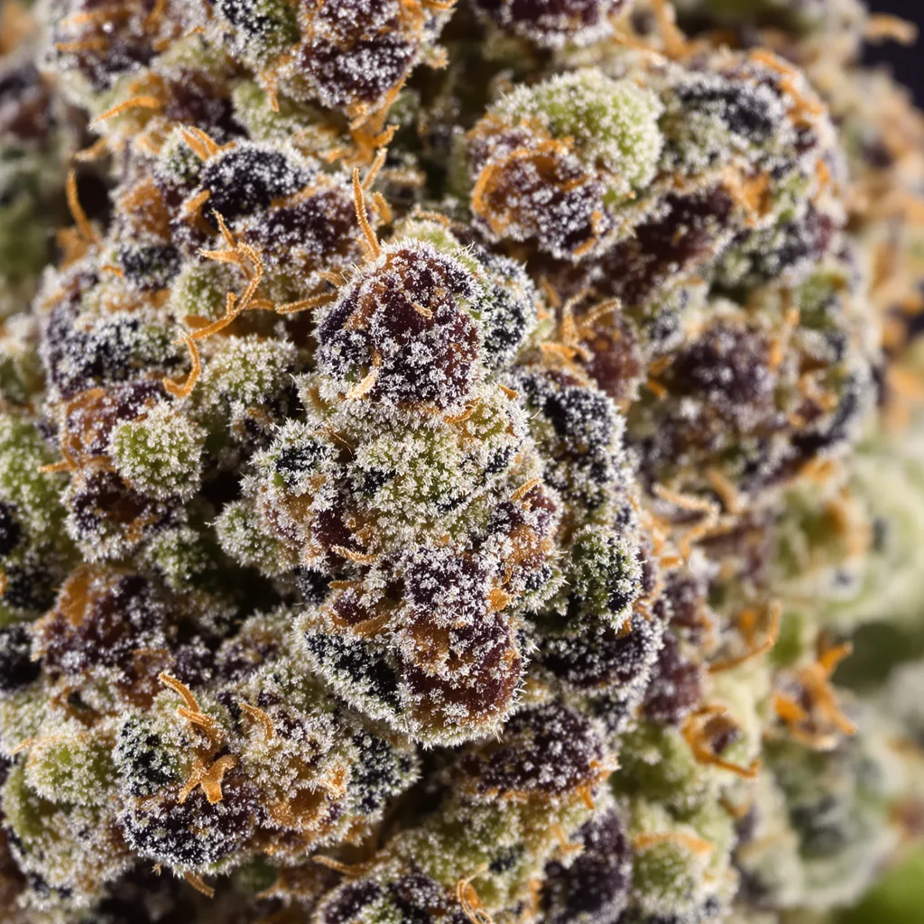 Primer plano de cogollo de cannabis Super Skunk mostrando cálices densos con tonos morados