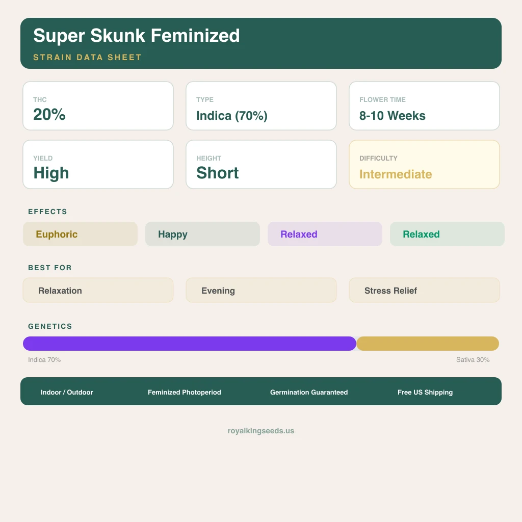 Super Skunk 70% indica / 30% sativa — flor con tricomas visibles