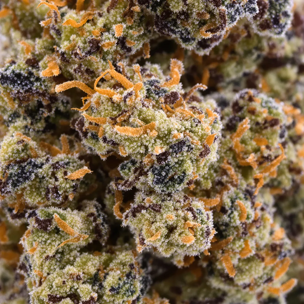 Primer plano de cogollo de cannabis Super Skunk mostrando cálices densos con tonos morados