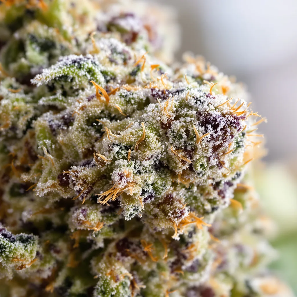 Primer plano de cogollo de cannabis Super Snow Dog mostrando estructura equilibrada con tricomas escarchados