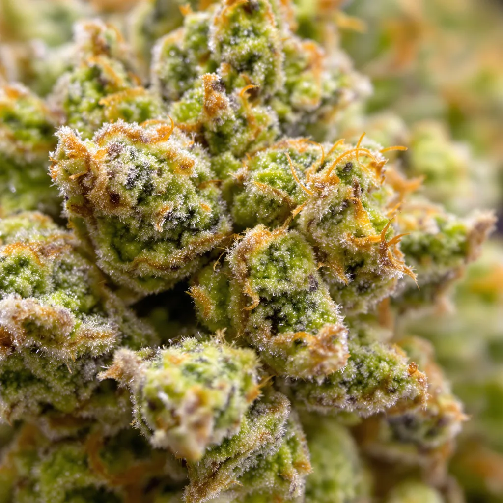 Primer plano de cogollo de cannabis Super Sour Diesel mostrando estructura aireada verde lima