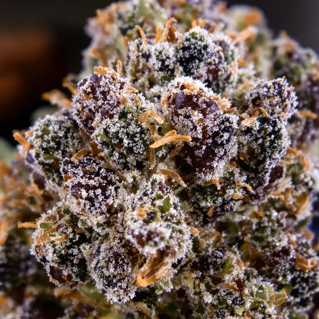 Primer plano de cogollo de cannabis Supergirl mostrando cálices densos con tonos morados