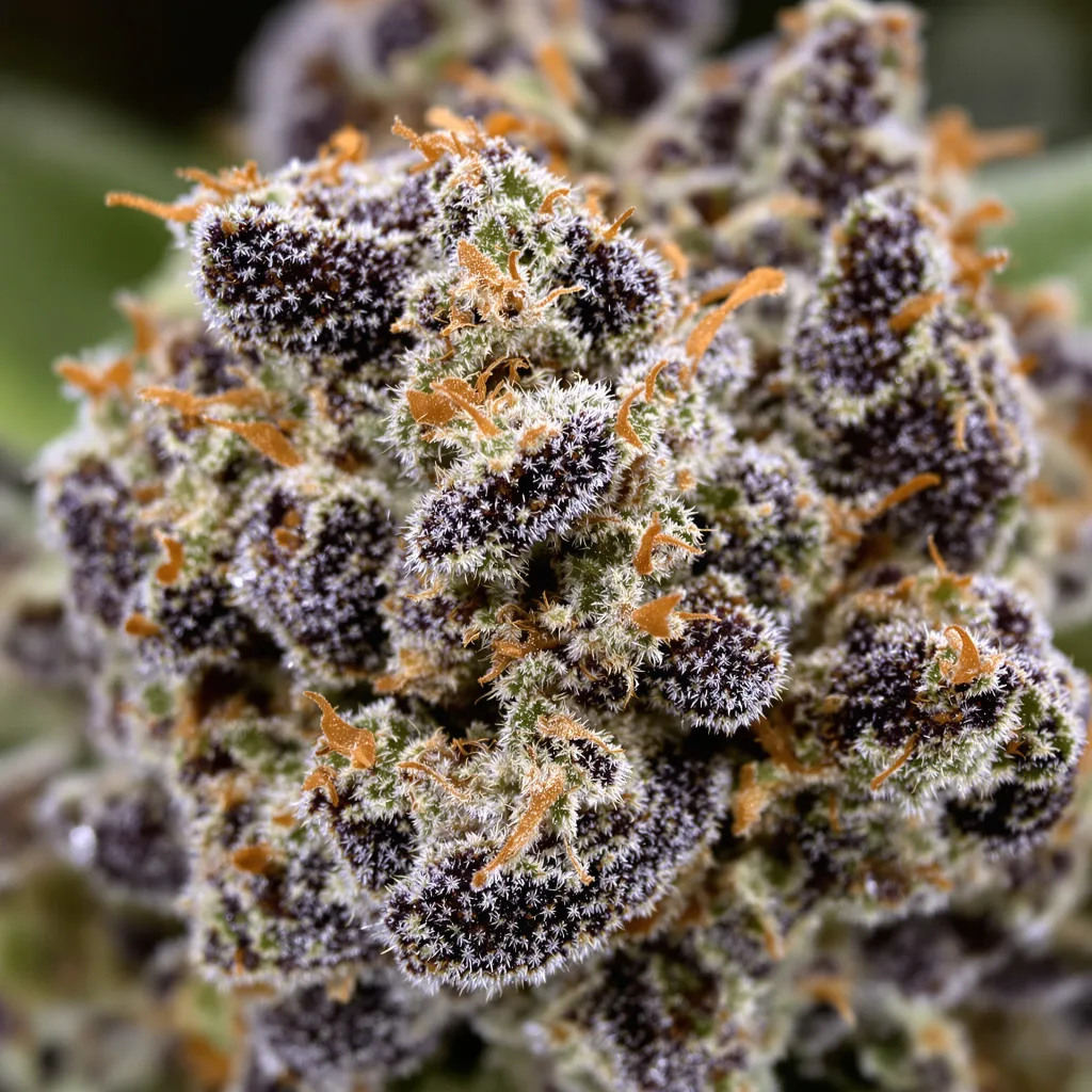 Primer plano de cogollo de cannabis Supergirl mostrando cálices densos con tonos morados