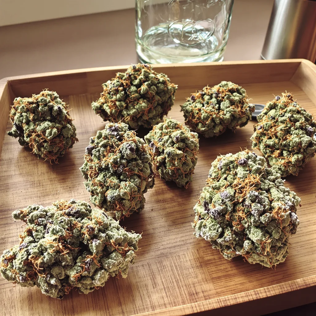 Superglue 52% indica / 48% sativa — flor con tricomas visibles