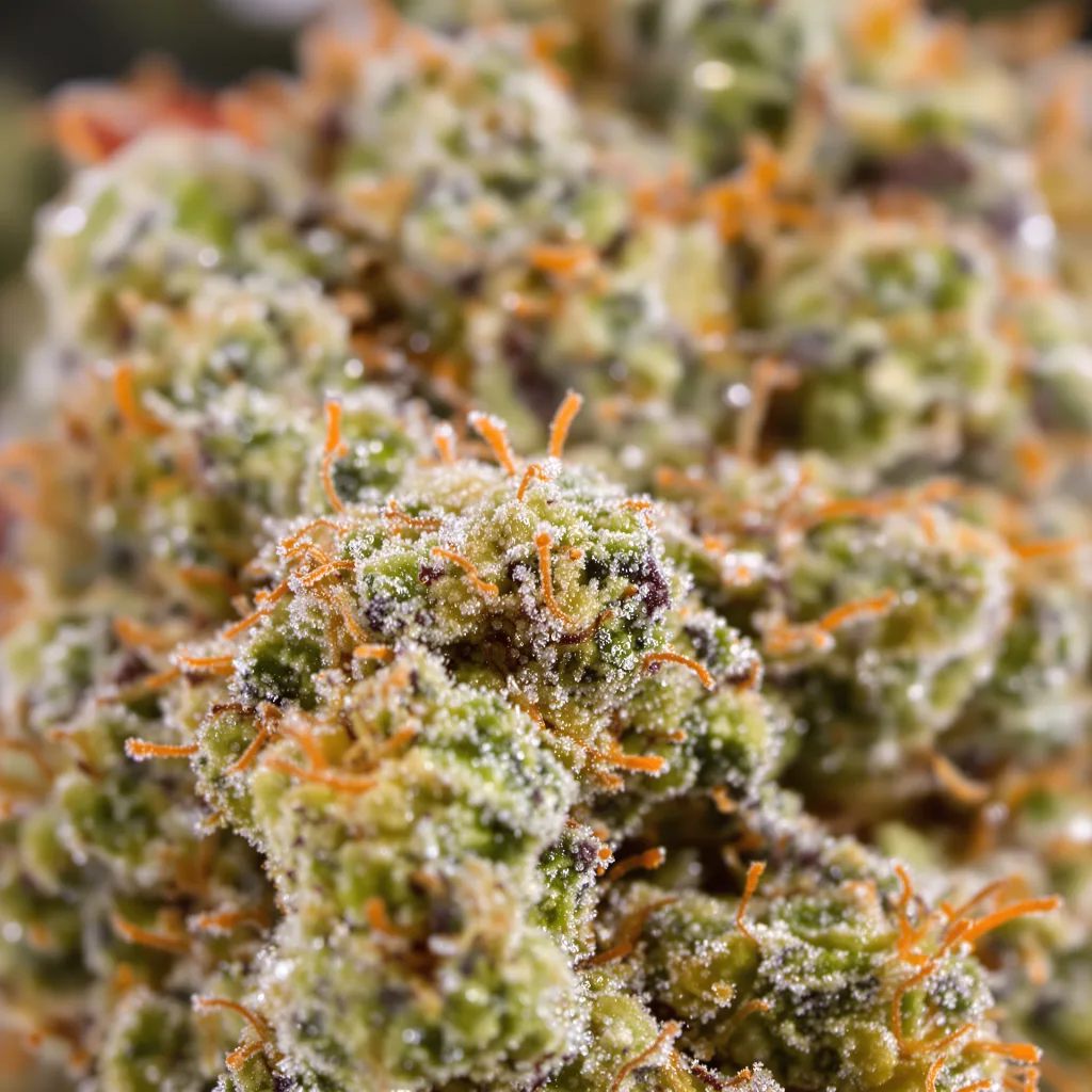 Primer plano de cogollo de cannabis Superman OG mostrando cogollos densos verde bosque