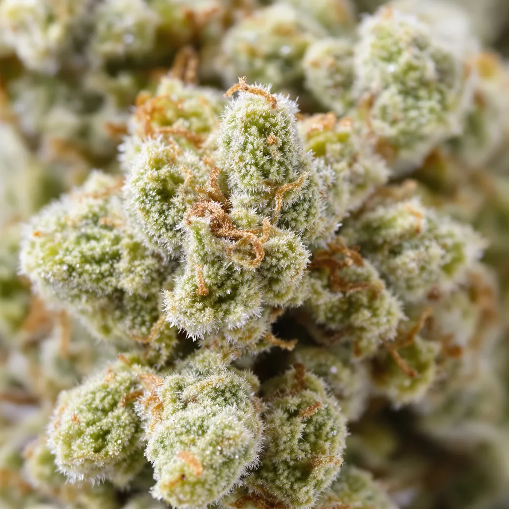 Primer plano de cogollo de cannabis Suzy Q CBD mostrando flor clara con baja resina
