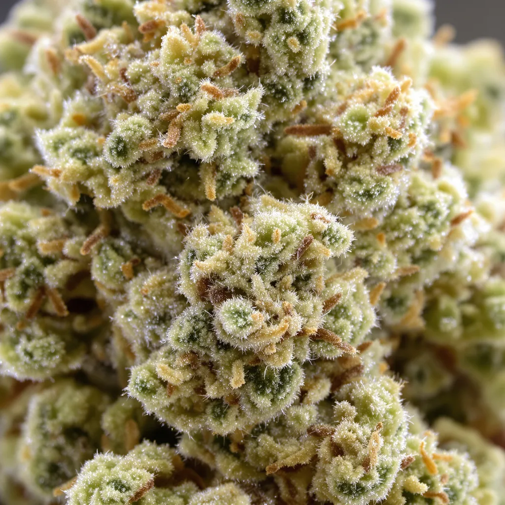 Primer plano de cogollo de cannabis Sweet and Sour Widow CBD mostrando flor clara con baja resina