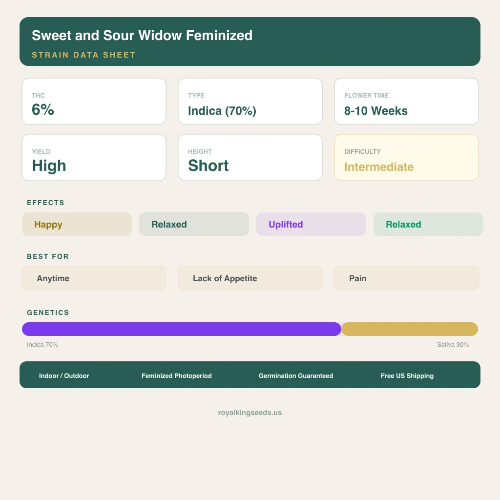 Sweet and Sour Widow 70% indica / 30% sativa — flor con tricomas visibles
