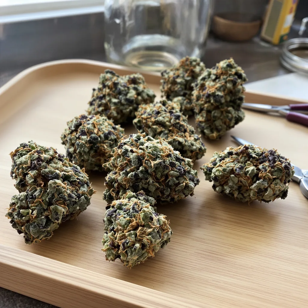 Sweet Baby Jane 82% indica / 18% sativa — flor con tricomas visibles