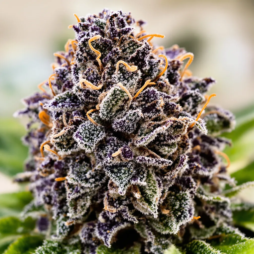 Primer plano de cogollo de cannabis Sweet Baby Jane mostrando cálices densos con tonos morados