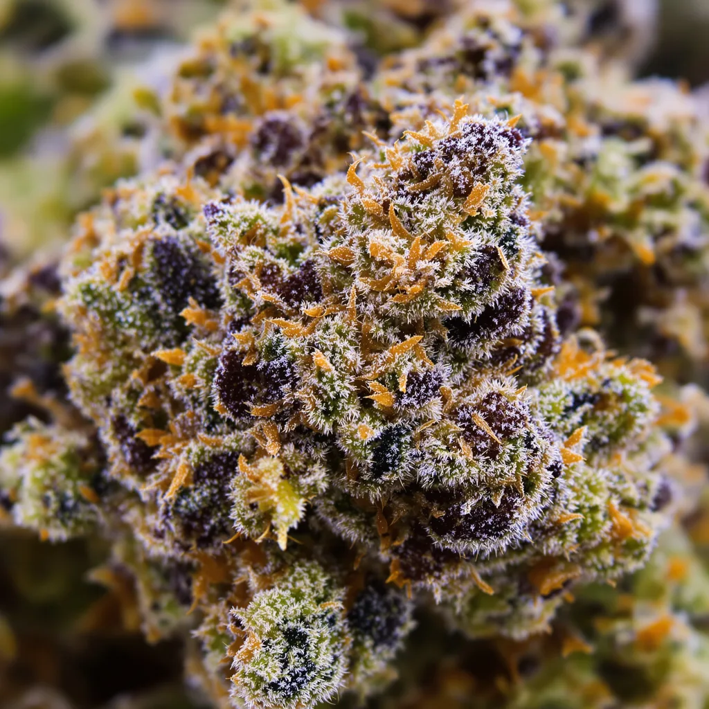 Primer plano de cogollo de cannabis Sweet Baby Jane mostrando cálices densos con tonos morados