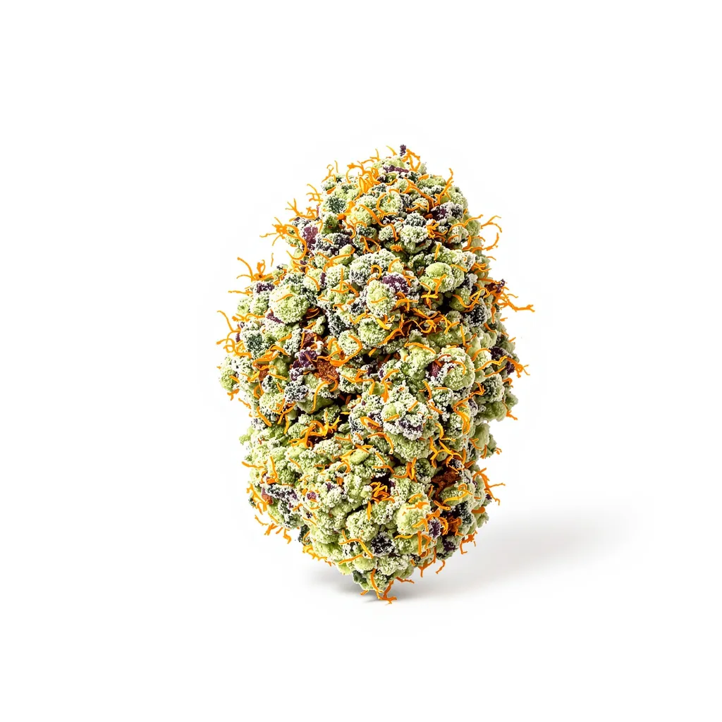 Sweet Berry 38% indica / 62% sativa — flor con tricomas visibles