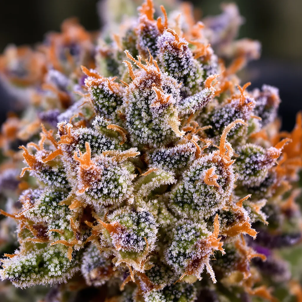 Primer plano de cogollo de cannabis Sweet Berry mostrando estructura abierta con pistilos naranjas