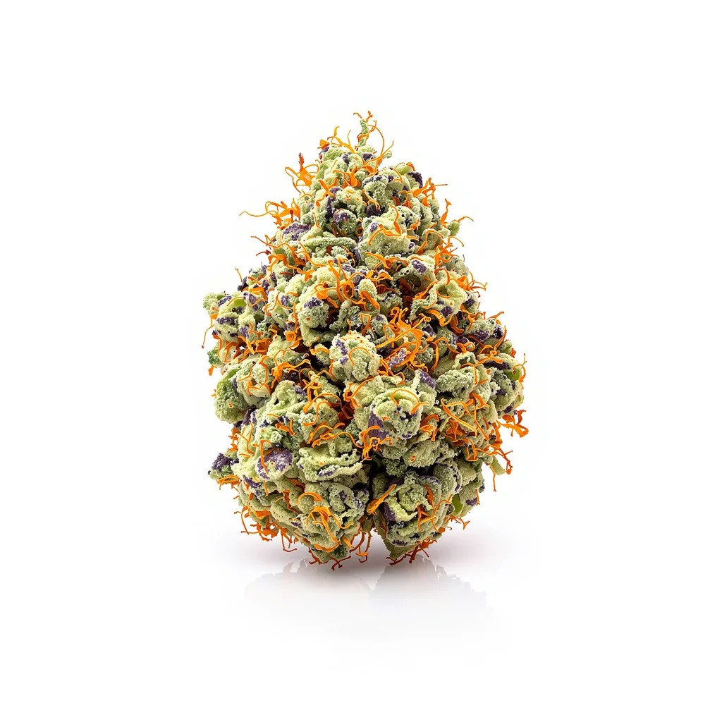 Sweet Berry 38% indica / 62% sativa — flor con tricomas visibles