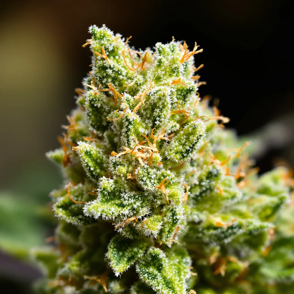 Primer plano de cogollo de cannabis Sweet Cheese mostrando estructura aireada verde lima