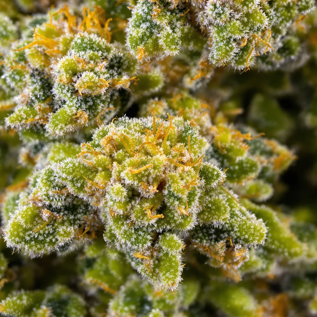 Primer plano de cogollo de cannabis Sweet Diesel mostrando estructura aireada verde lima