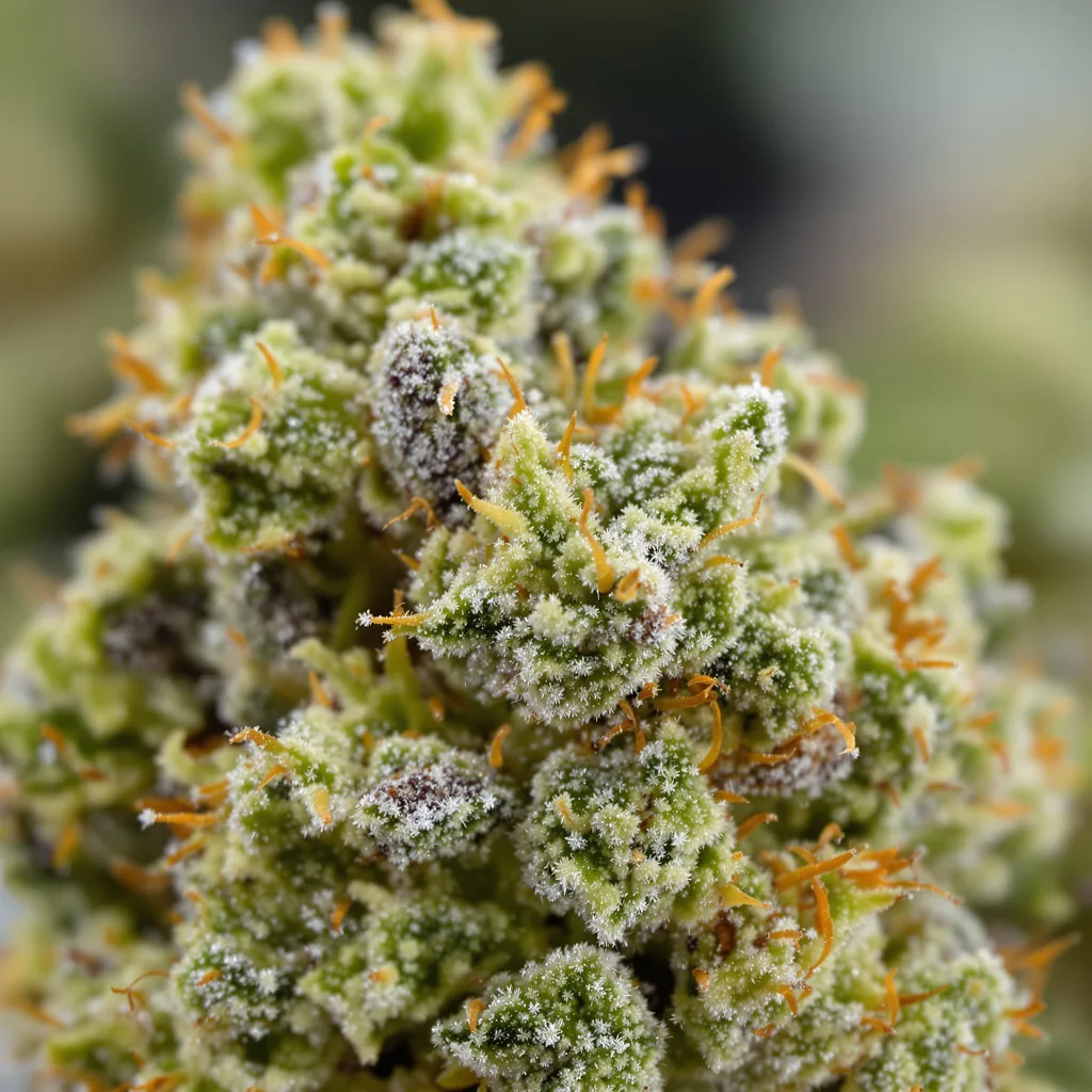 Primer plano de cogollo de cannabis Sweet Diesel mostrando estructura aireada verde lima