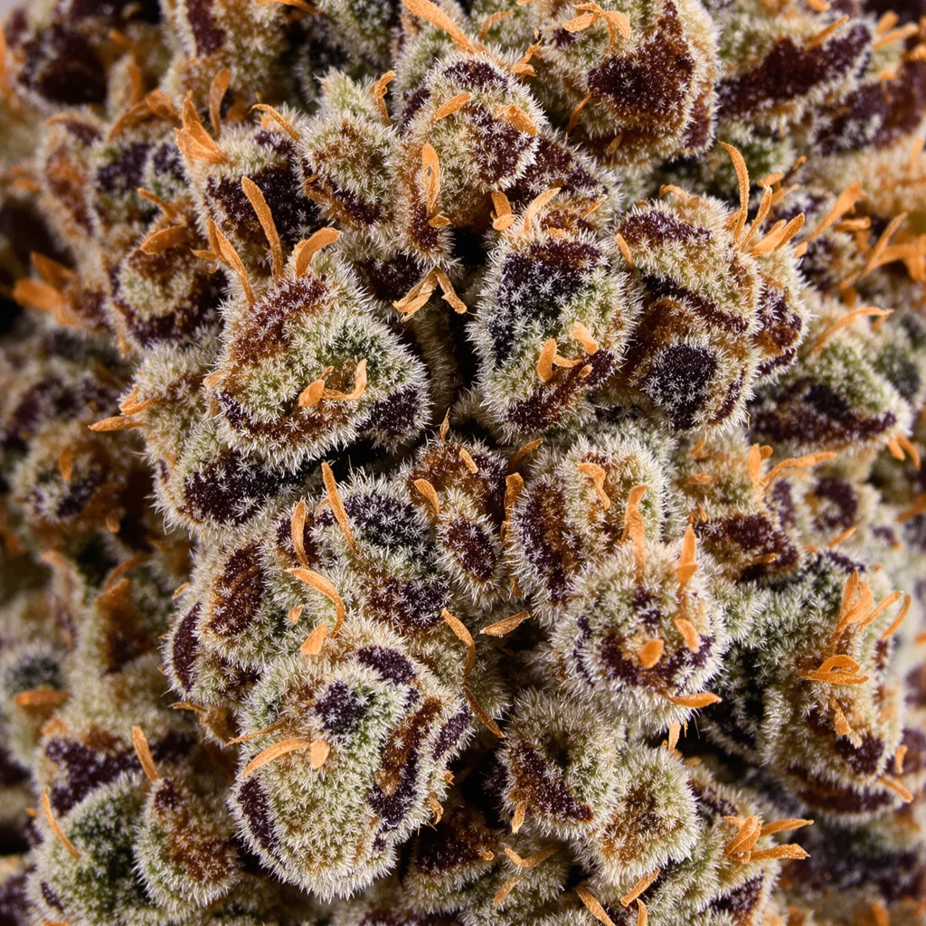 Primer plano de cogollo de cannabis Sweet Dream mostrando cálices densos con tonos morados