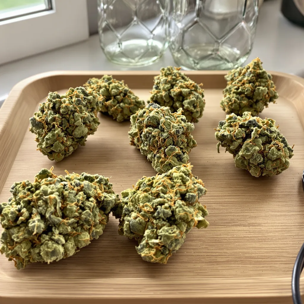 Sweet Island 19% indica / 81% sativa — flor con tricomas visibles