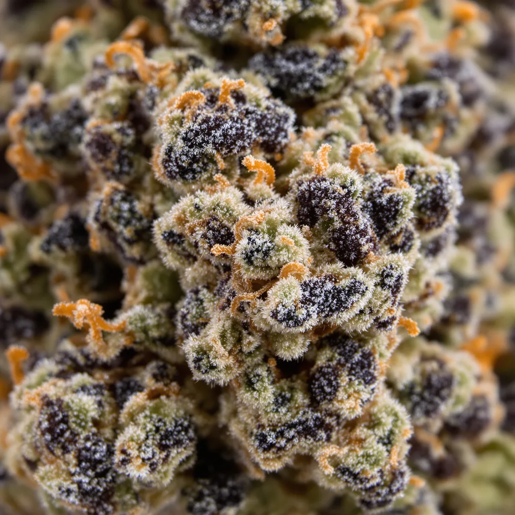 Primer plano de cogollo de cannabis Sweet Lafayette mostrando cálices densos con tonos morados