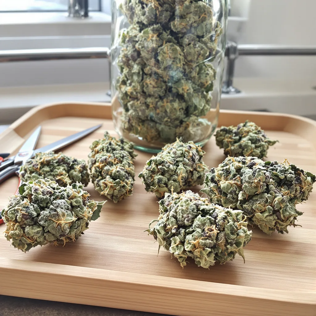 Sweet Nina 54% indica / 46% sativa — flor con tricomas visibles