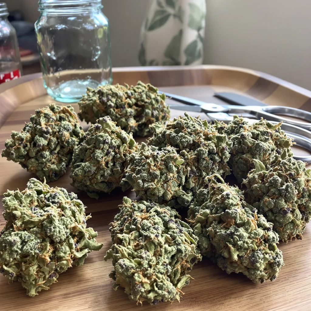 Sweet Pebbles 49% indica / 51% sativa — flor con tricomas visibles