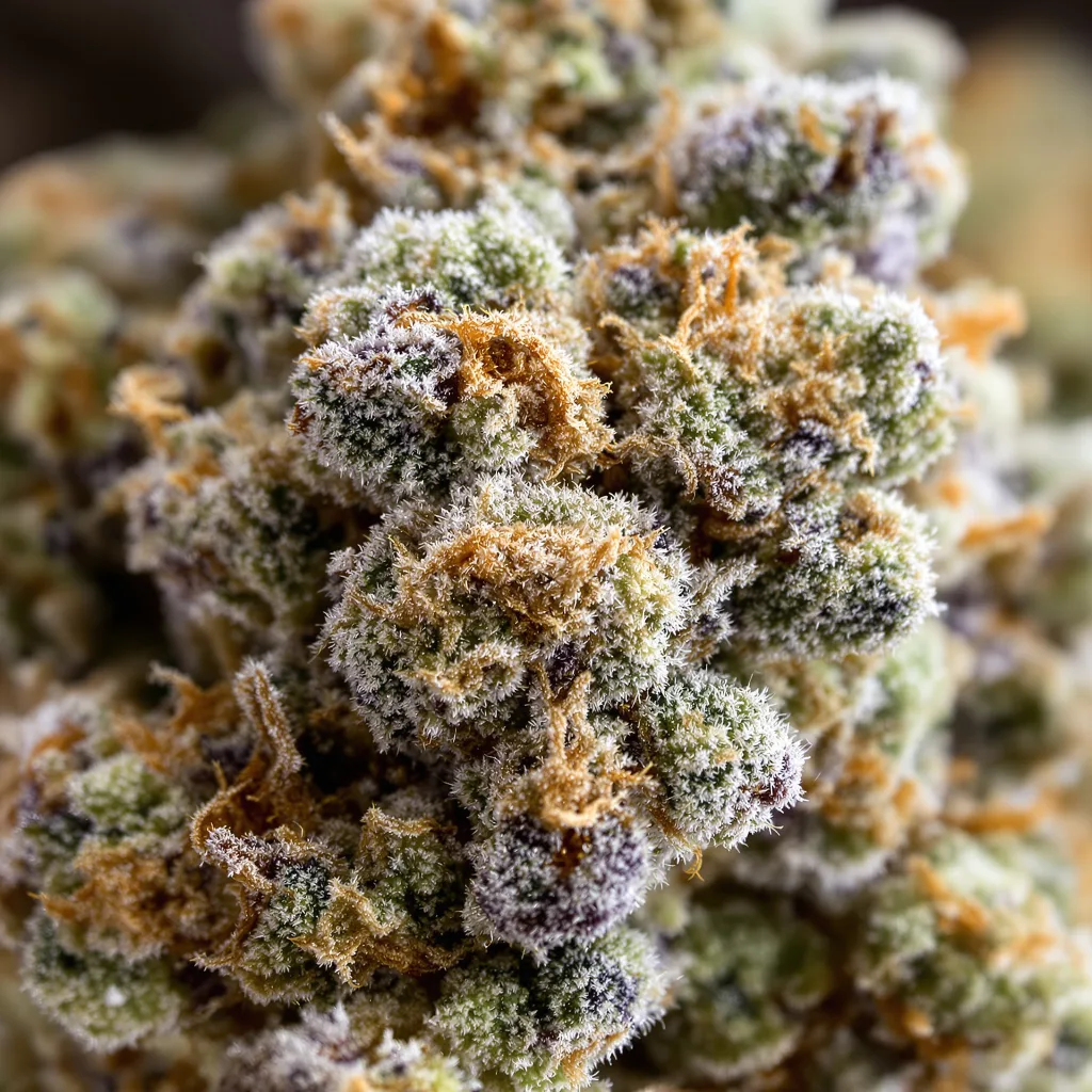 Primer plano de cogollo de cannabis Sweet Pebbles mostrando estructura equilibrada con tricomas escarchados