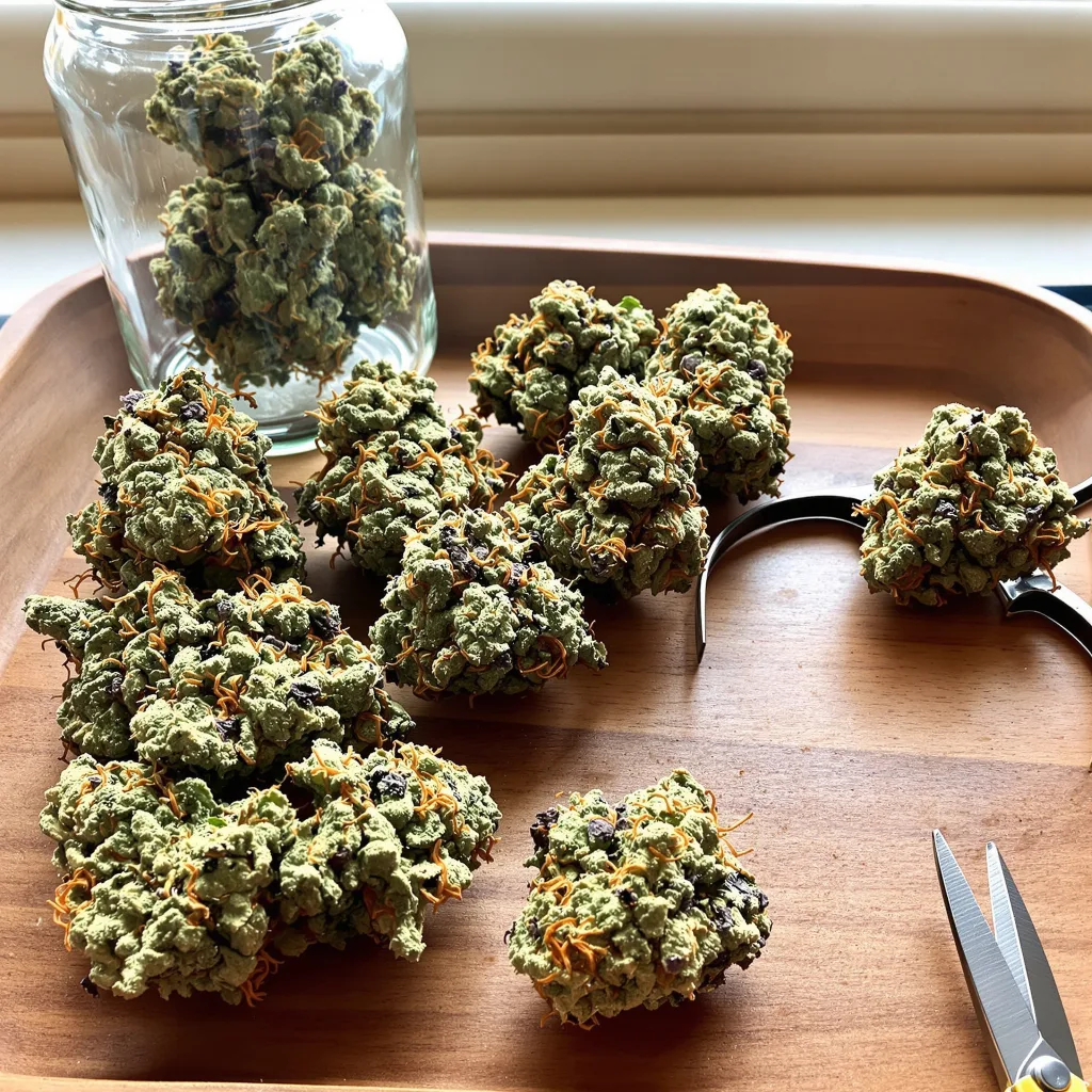 Sweet Tooth 36% indica / 64% sativa — flor con tricomas visibles