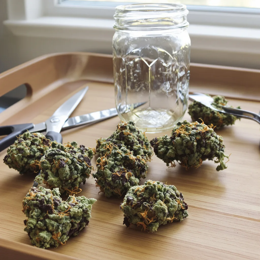 Swiss 72% indica / 28% sativa — flor con tricomas visibles
