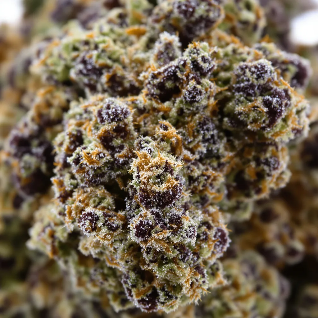 Primer plano de cogollo de cannabis Swiss mostrando cálices densos con tonos morados