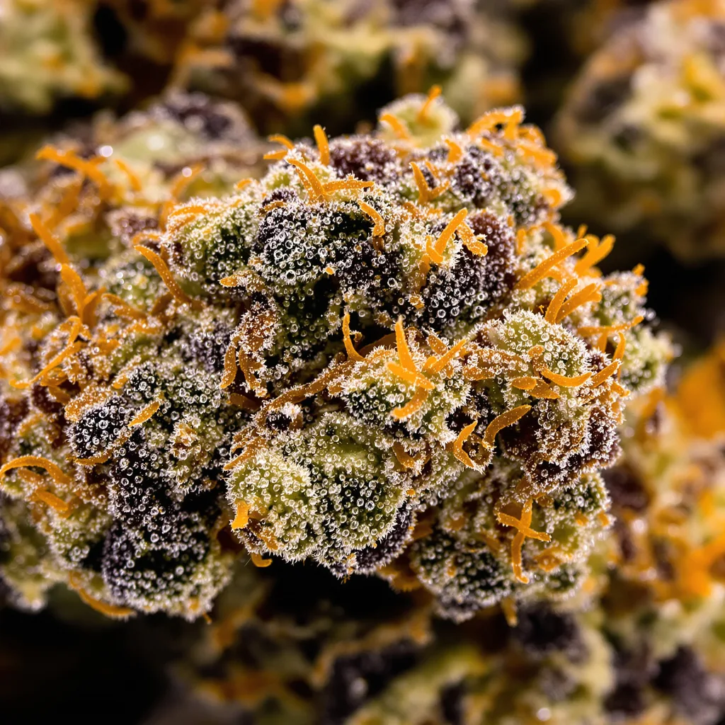 Primer plano de cogollo de cannabis Tahoe Hydro OG mostrando cálices densos con tonos morados