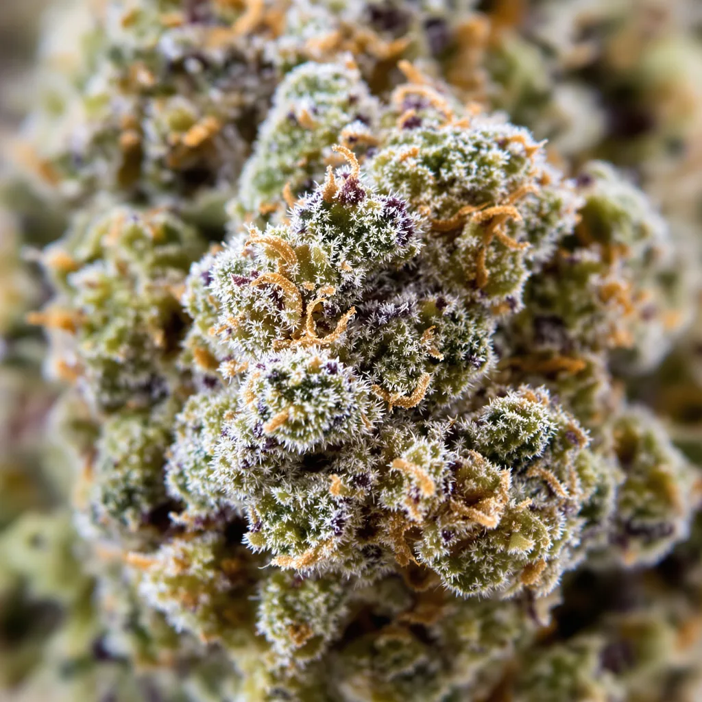 Primer plano de cogollo de cannabis Tahoe OG mostrando estructura equilibrada con tricomas escarchados