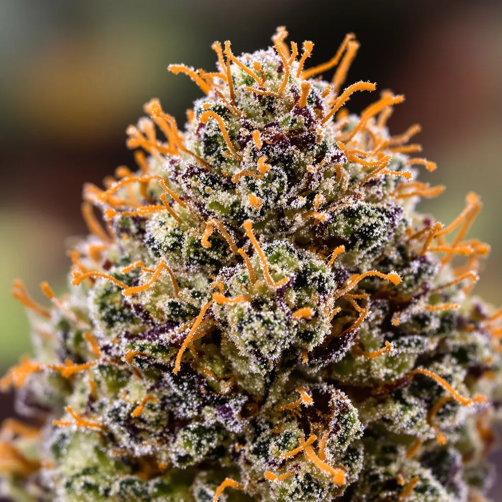 Primer plano de cogollo de cannabis Tangerine Dream mostrando cálices densos con tonos morados