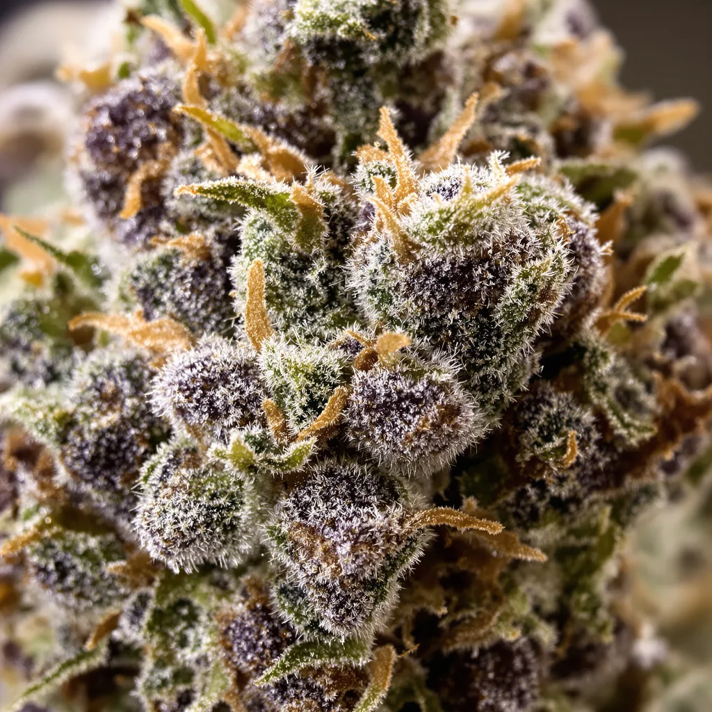Primer plano de cogollo de cannabis Tangerine Dream mostrando cálices densos con tonos morados