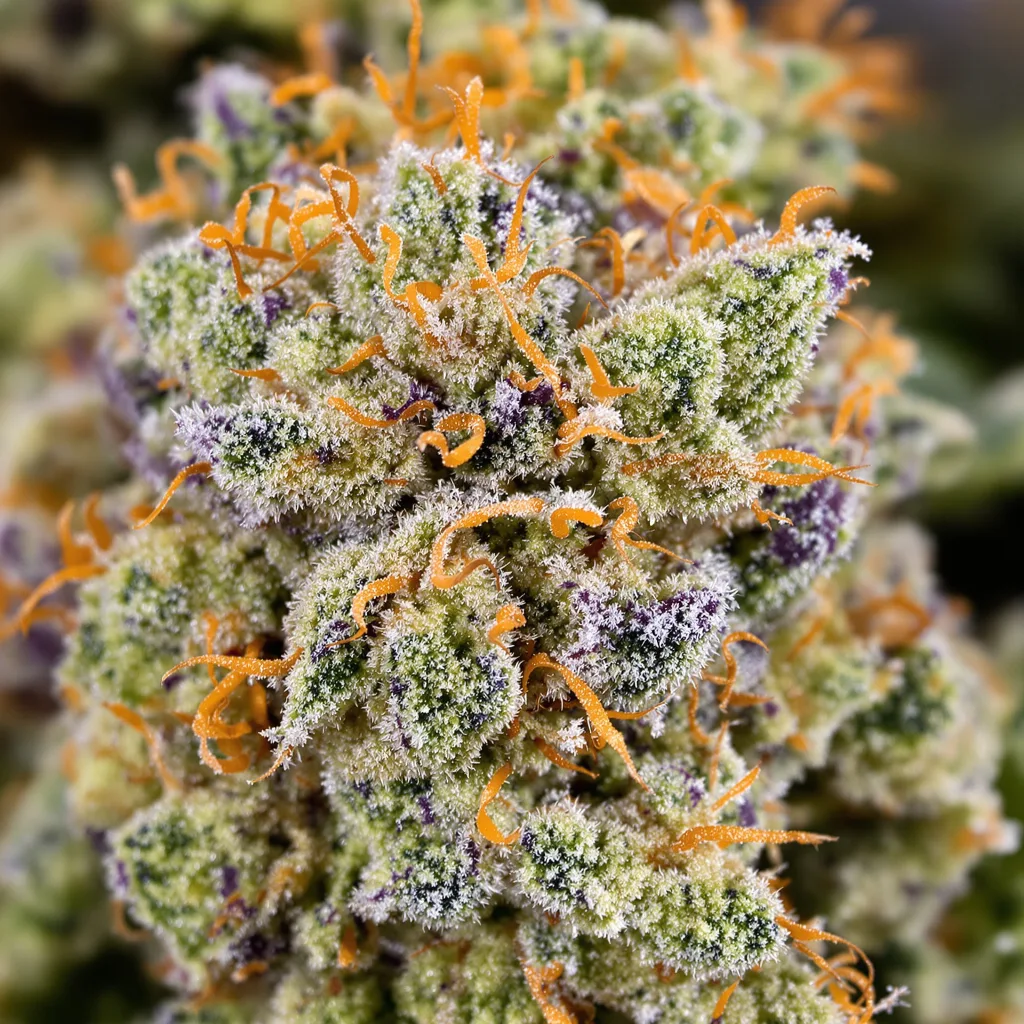 Primer plano de cogollo de cannabis Tangerine Haze mostrando estructura abierta con pistilos naranjas