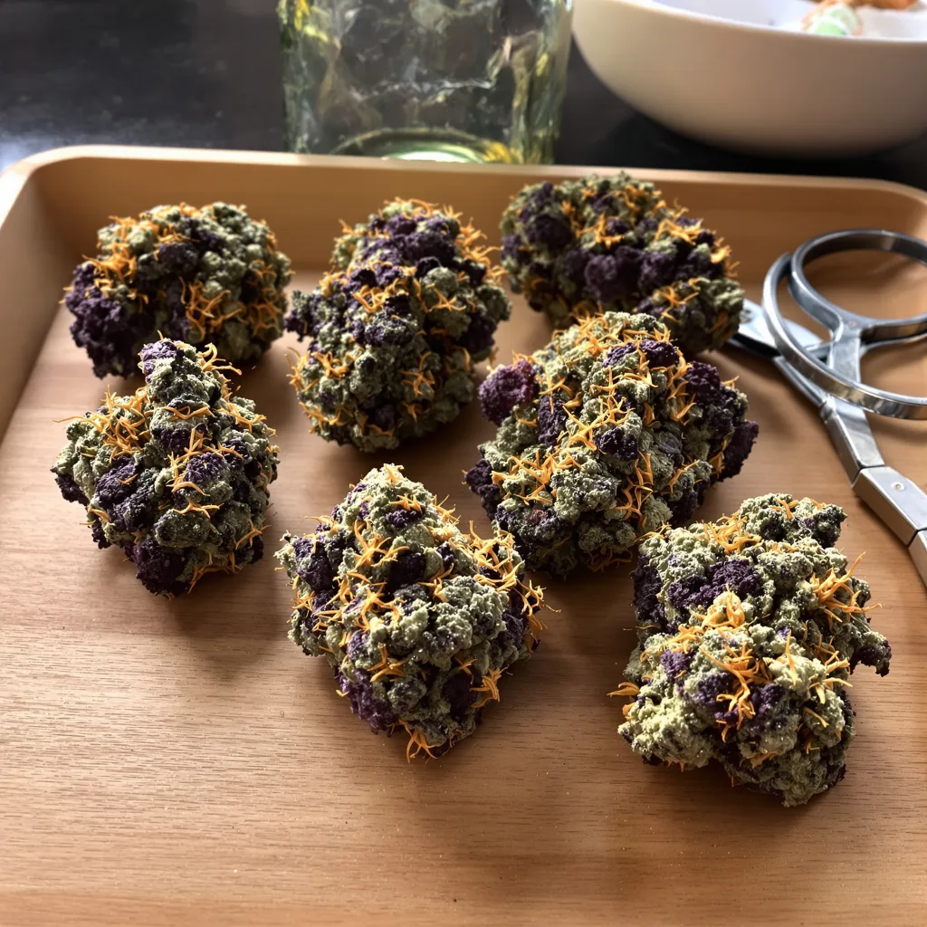Tangerine Kush 70% indica / 30% sativa — flor con tricomas visibles