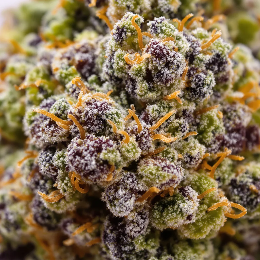 Primer plano de cogollo de cannabis Tangerine Kush mostrando cálices densos con tonos morados