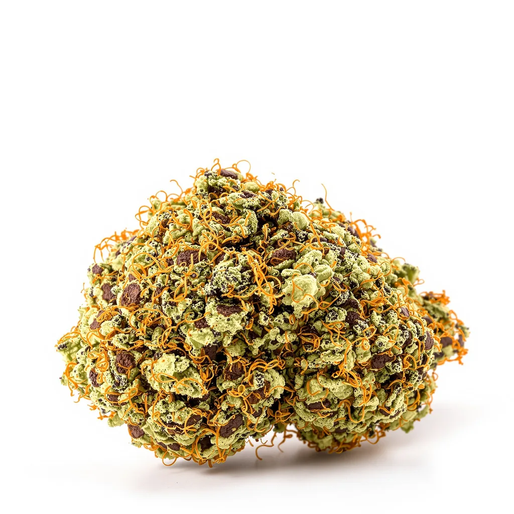 Tangerine Kush 70% indica / 30% sativa — flor con tricomas visibles