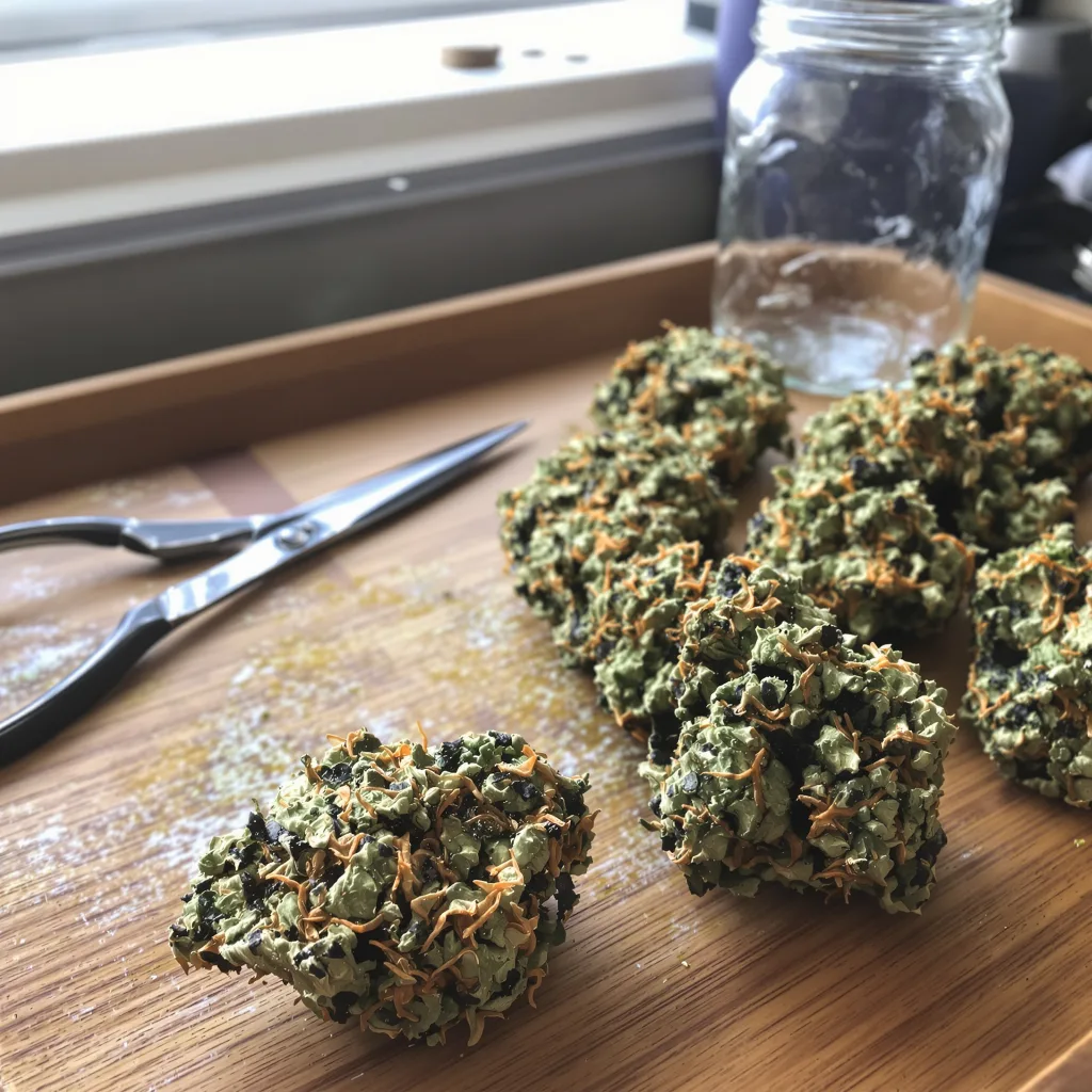 Tangerine Kush 70% indica / 30% sativa — flor con tricomas visibles
