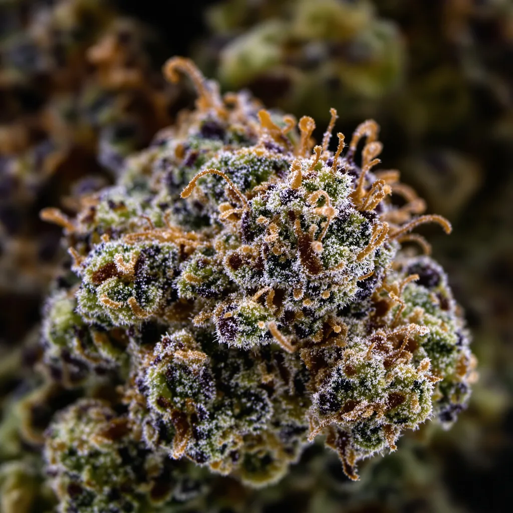 Primer plano de cogollo de cannabis Tangerine Kush mostrando cálices densos con tonos morados